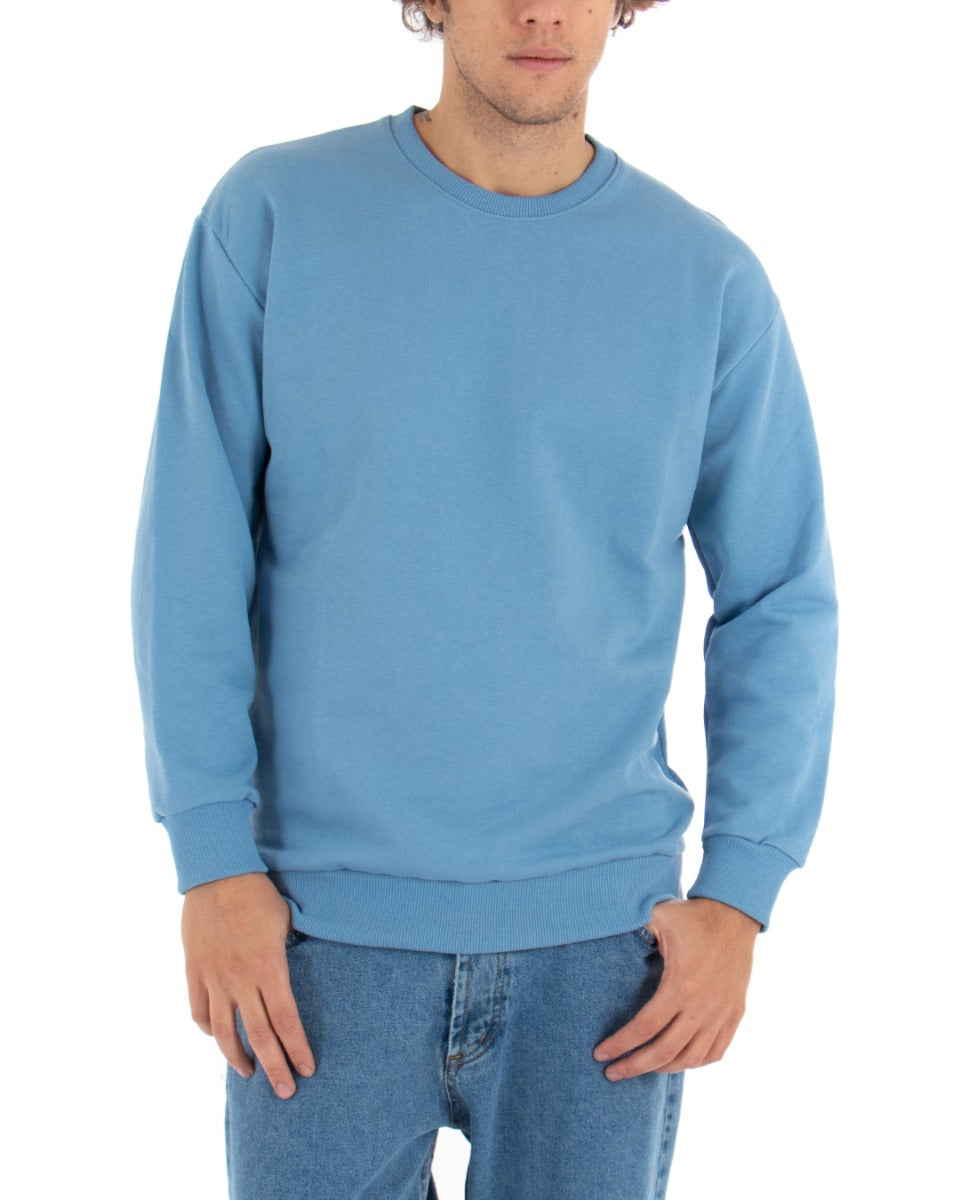 Basic Men's Crewneck Sweatshirt Solid Color Light Blue Comfortable Relaxed Fit Light Brushed GIOSAL-F2856A
