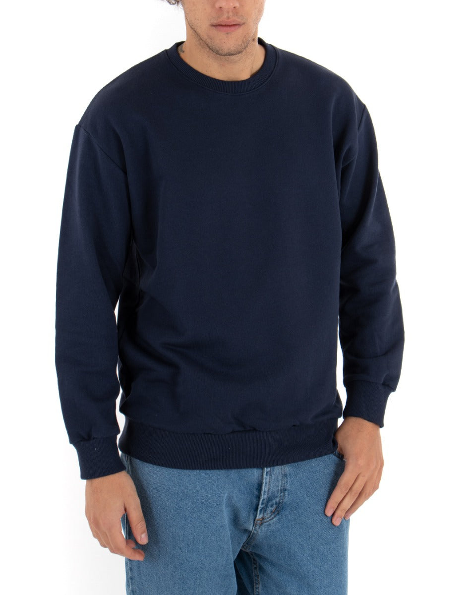 Basic Men's Crewneck Sweatshirt Solid Color Blue Comfortable Relaxed Fit Light Brushed GIOSAL-F2862A