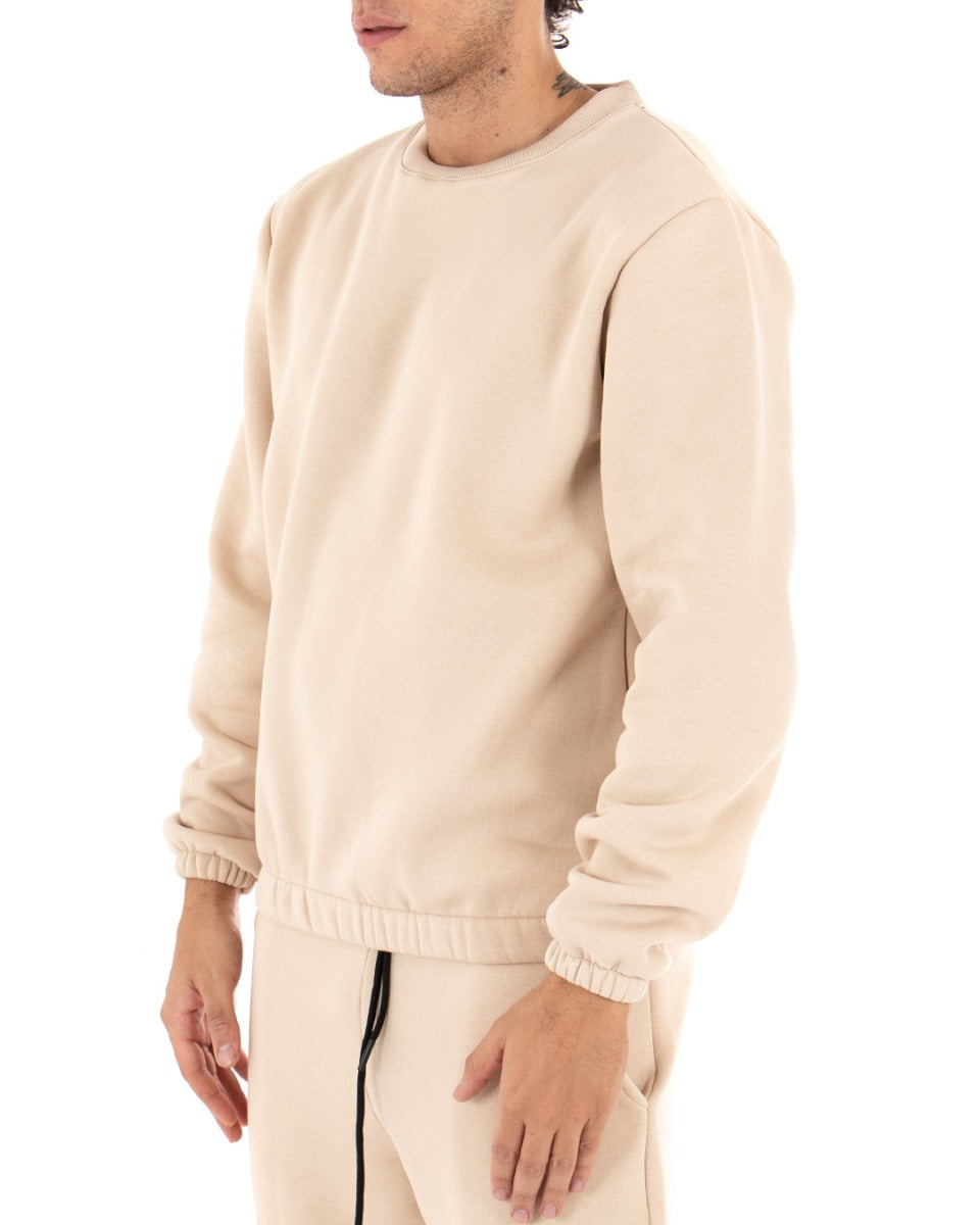 Men's Crew Neck Sweatshirt Basic Sweatshirt Solid Color Beige Regular Fit GIOSAL-F2874A