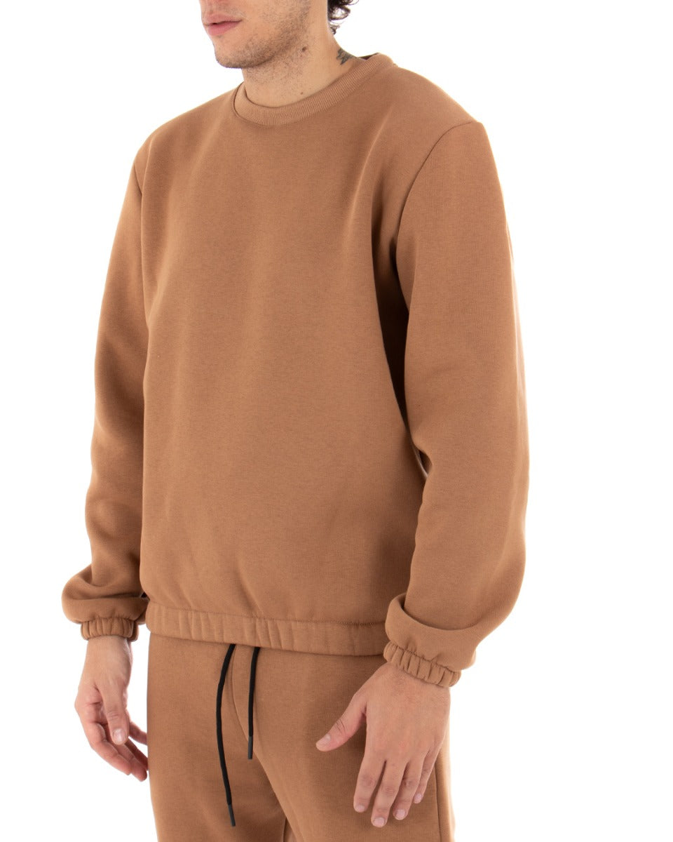 Men's Crew Neck Sweatshirt Basic Sweatshirt Solid Color Camel Regular Fit GIOSAL-F2876A