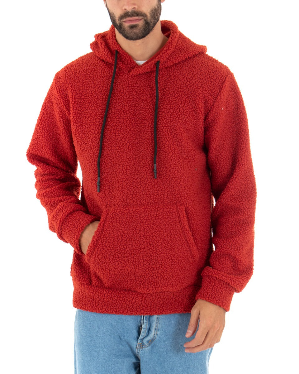Men's Hooded Sweatshirt Teddy Fur Solid Color Red Regular Fit GIOSAL-F2891A