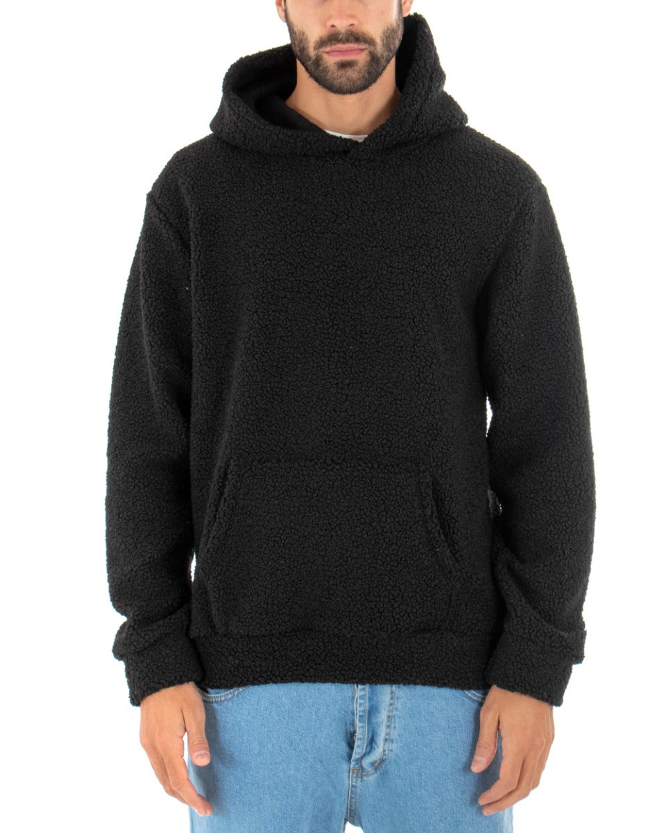 Men's Hooded Sweatshirt Teddy Fur Solid Color Black Regular Fit GIOSAL-F2892A
