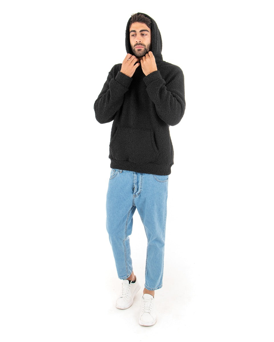 Men's Hooded Sweatshirt Teddy Fur Solid Color Black Regular Fit GIOSAL-F2892A