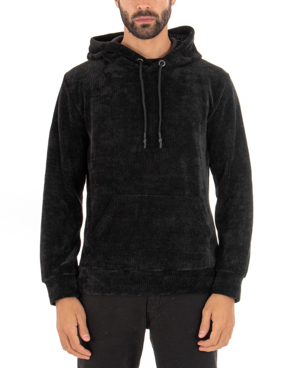 Felpa Con Cappuccio Uomo Basic Velluto Costine Nero Comoda GIOSAL-F2897A
