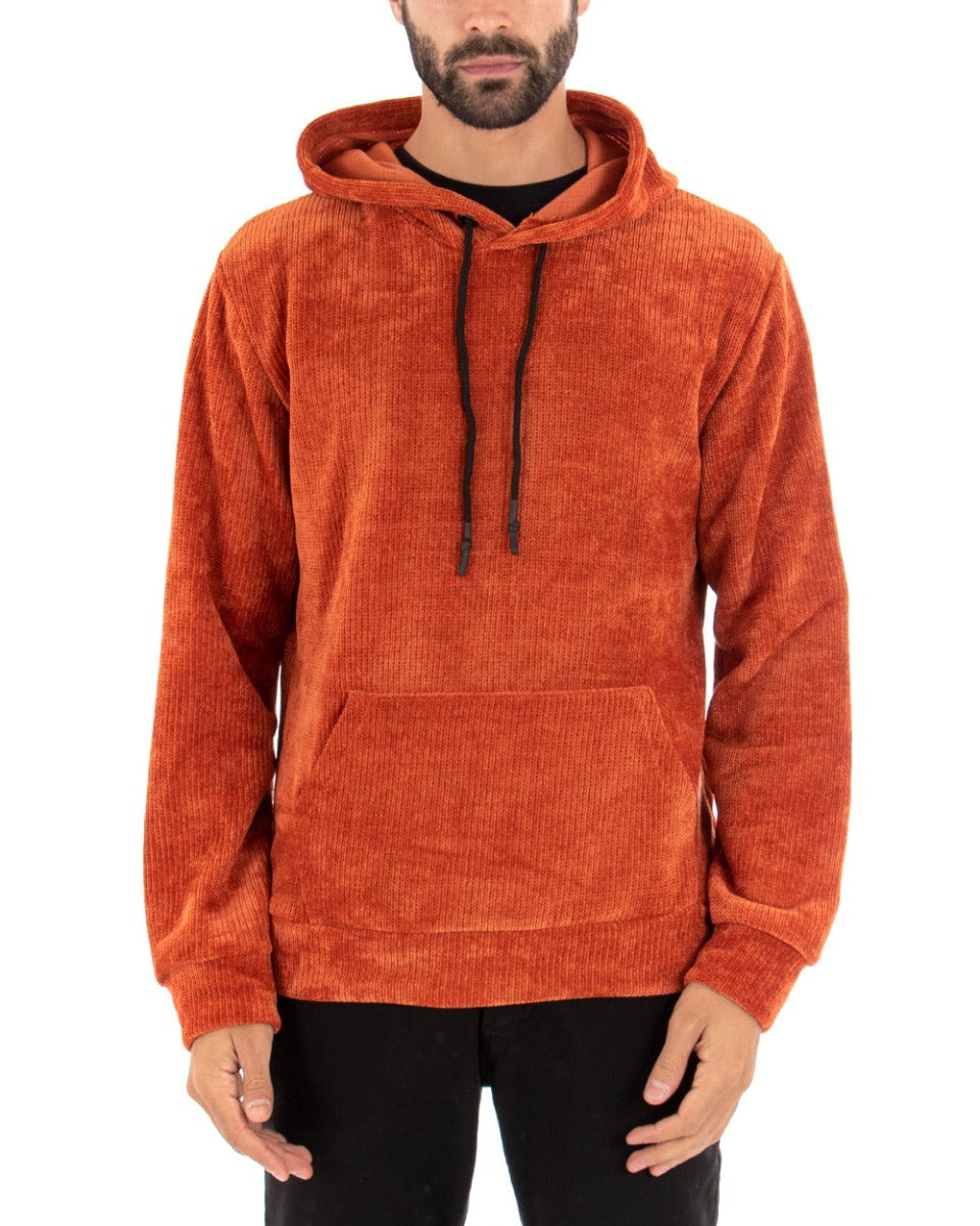 Felpa Con Cappuccio Uomo Basic Velluto Costine Ruggine Comoda GIOSAL-F2898A