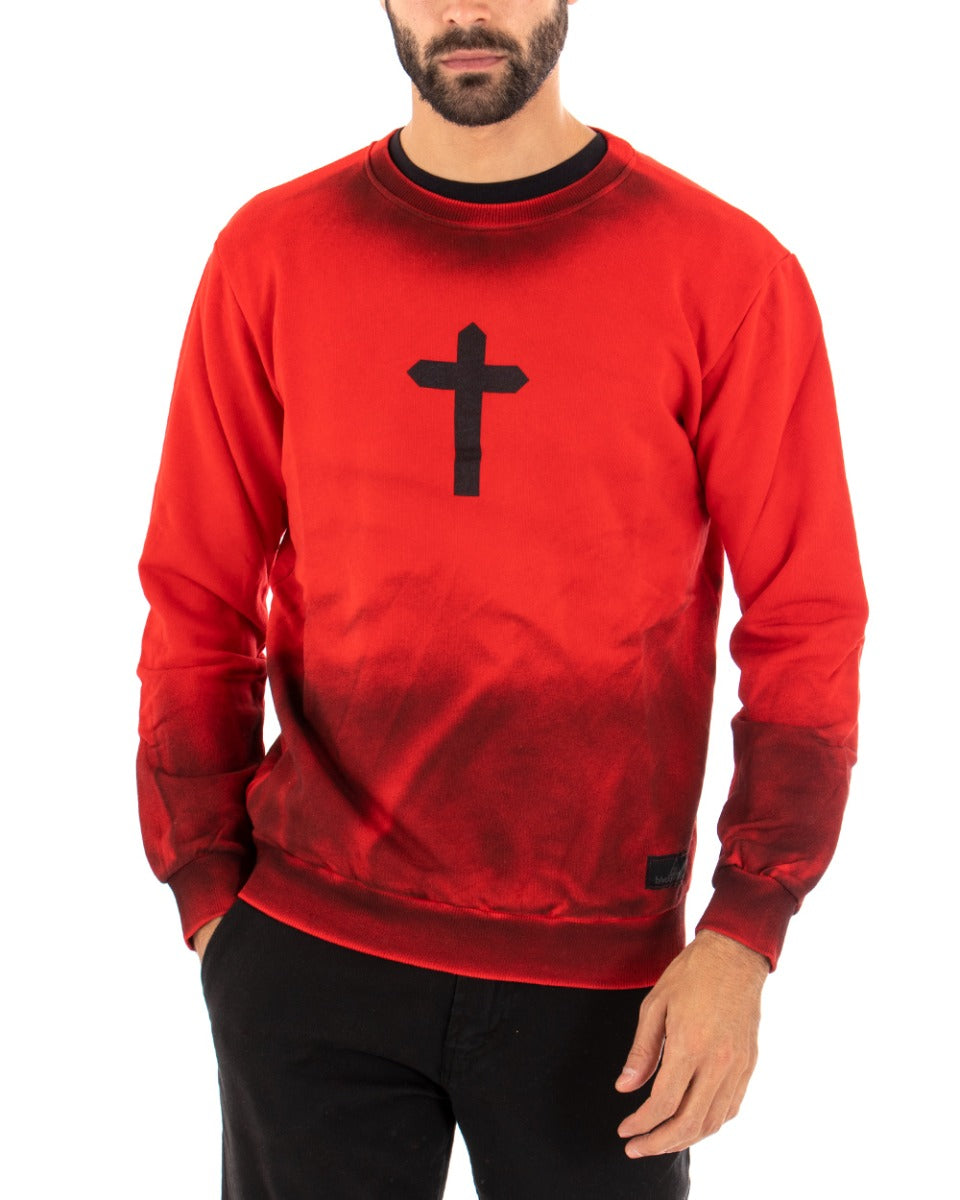 Men's Red Crewneck Sweatshirt with Tie Dye Cross Print GIOSAL-F2901A