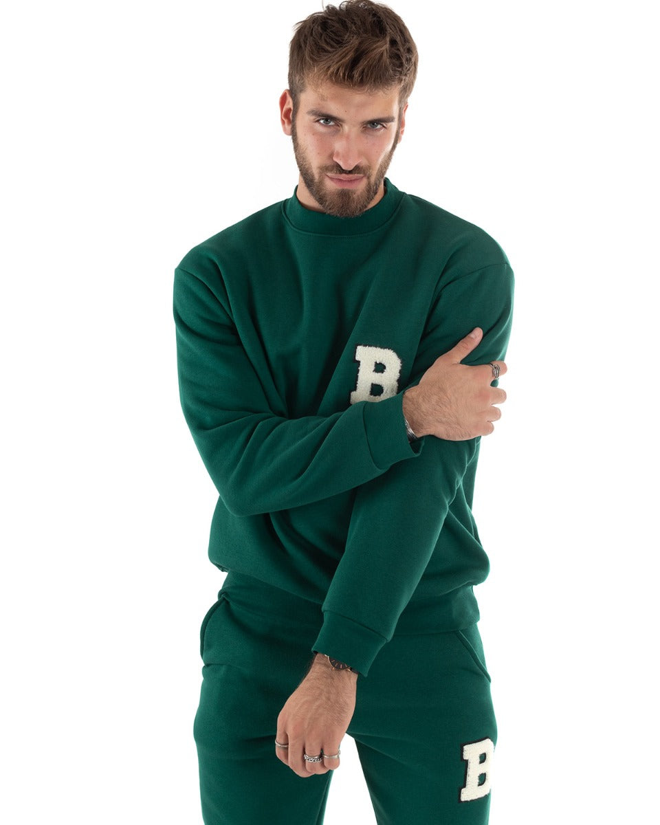 Felpa Uomo Girocollo Maglia Mezzo Collo Felpata Basic Con Patch Verde GIOSAL-F2914A