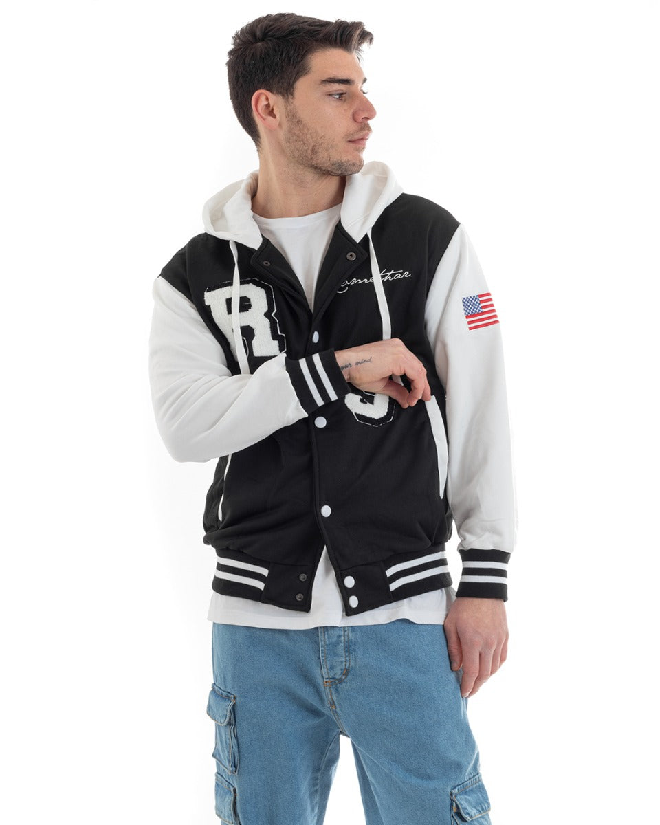 Men's Sweatshirt Varsity College Jacket Two-Tone Print Hooded Black White GIOSAL-F2968A