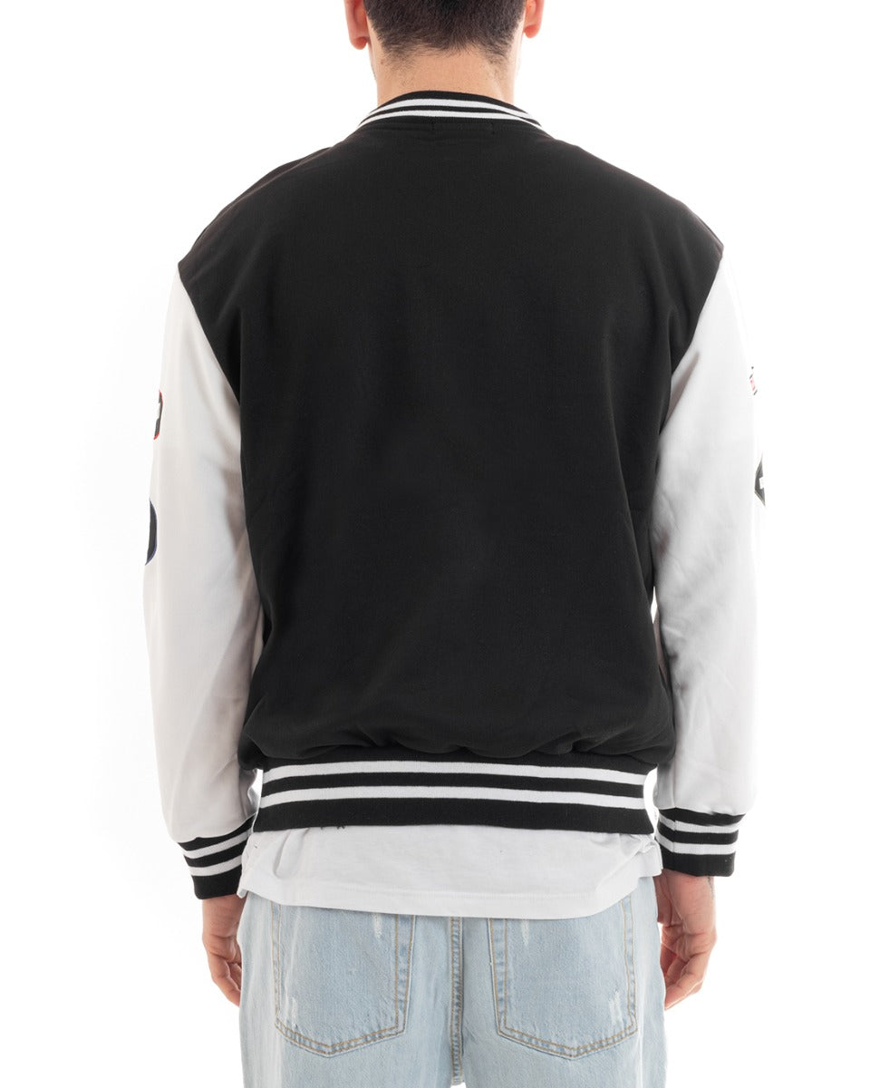 Men's Sweatshirt Crewneck Jacket Varsity College Print With Patch Black GIOSAL-F2971A