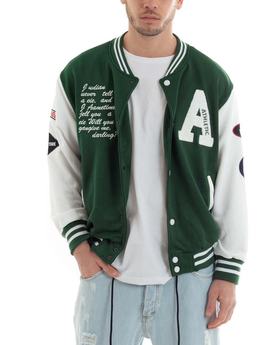 Men's Sweatshirt Crewneck Jacket Varsity College Print With Patch Green GIOSAL-F2972A