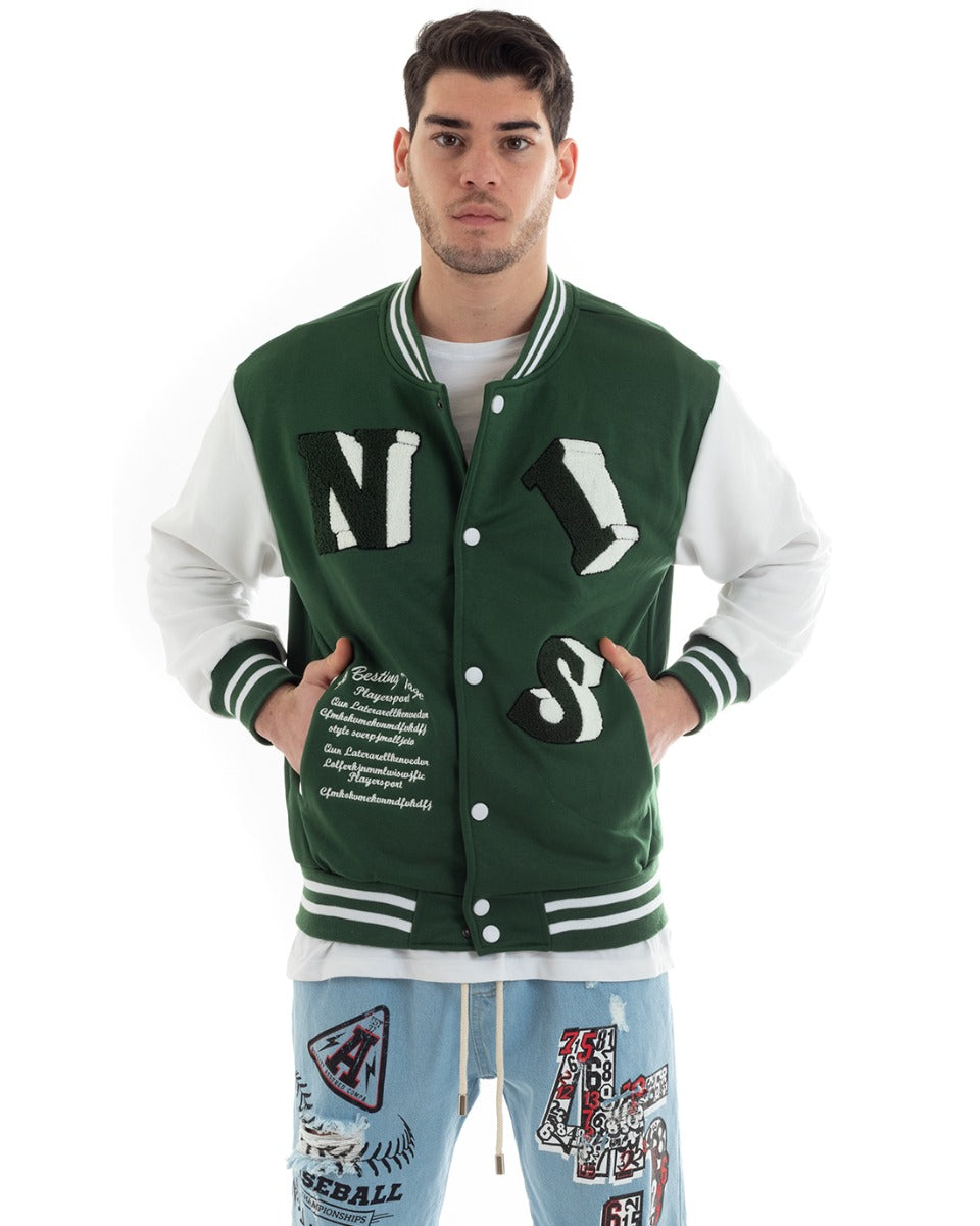 Felpa Uomo Giubbotto College Varsity Stampa Con Patch Giaccone Caldo Bicolore Casual Verde GIOSAL-F2975A