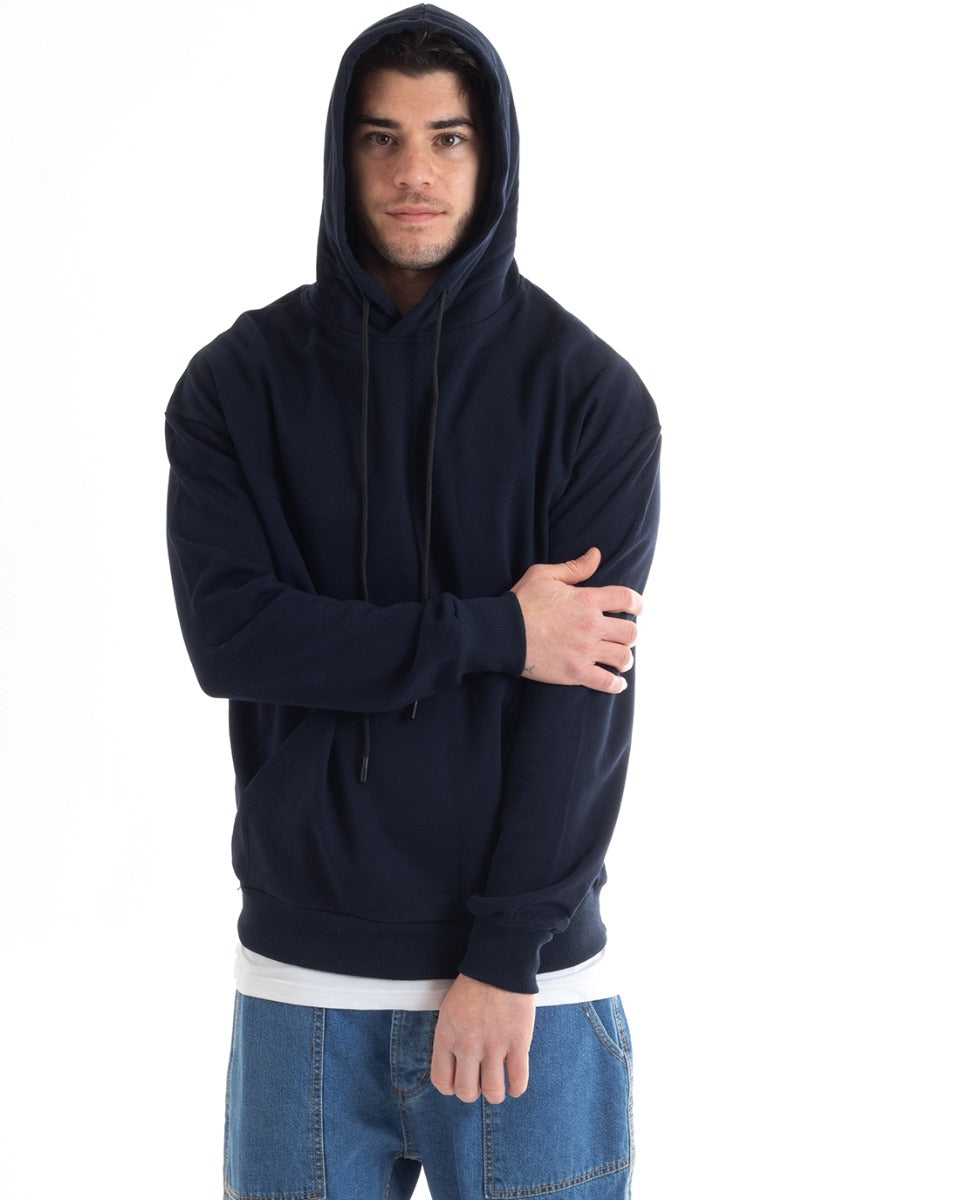 Basic Men's Hoodie Solid Color Blue Comfortable Relaxed Fit Cotton GIOSAL-F2976A