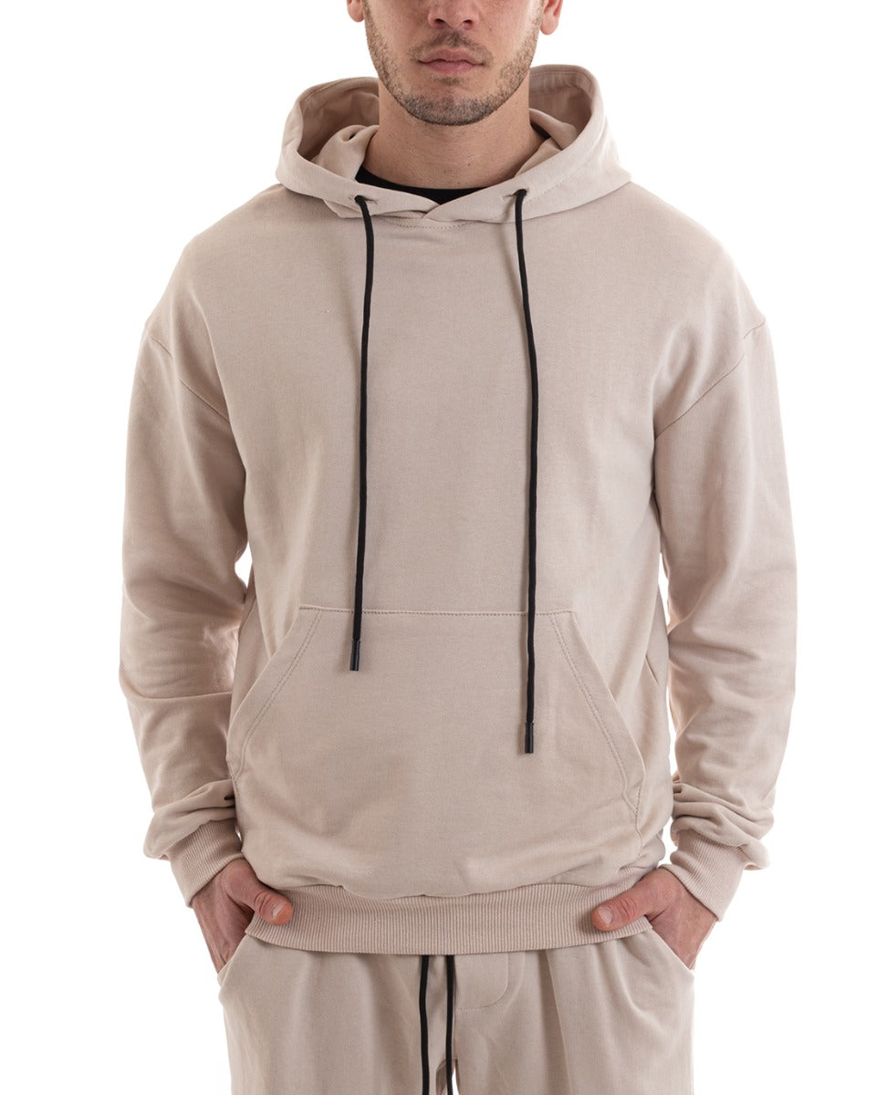 Basic Men's Hoodie Solid Color Beige Comfortable Relaxed Fit Cotton GIOSAL-F2984A