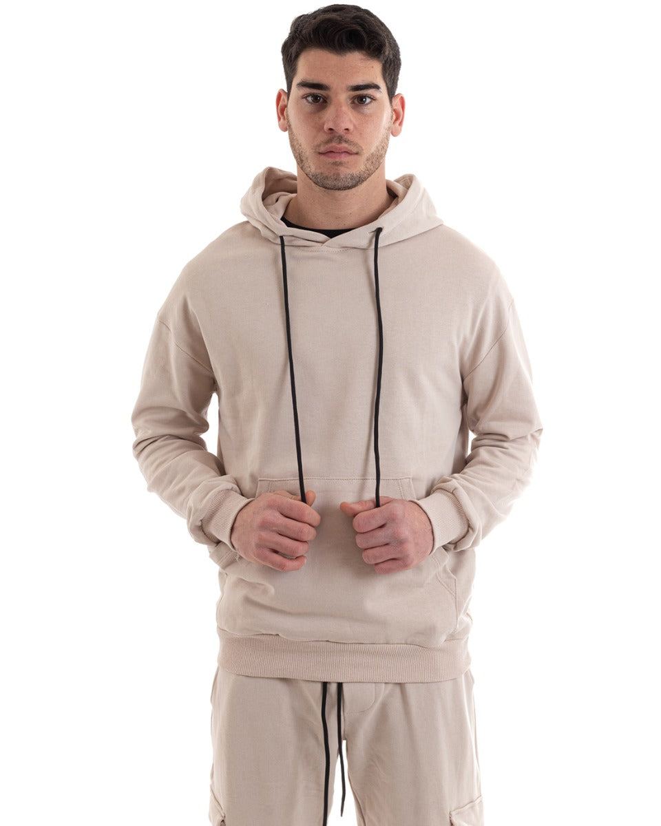 Basic Men's Hoodie Solid Color Beige Comfortable Relaxed Fit Cotton GIOSAL-F2984A