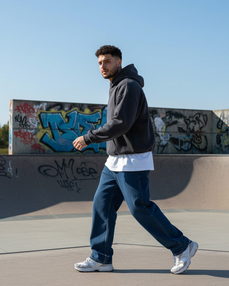 Felpa Con Cappuccio Uomo Boxy Fit Basic Felpata Comoda Piombo F2995A