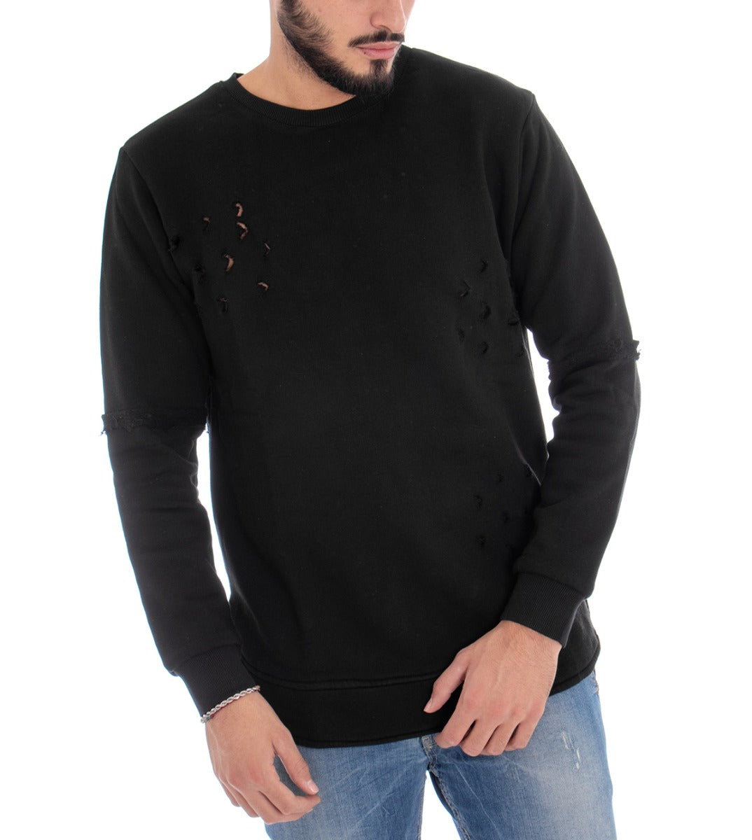 Men's Crewneck Sweatshirt Solid Color Basic Black with Holes GIOSAL-F2172A