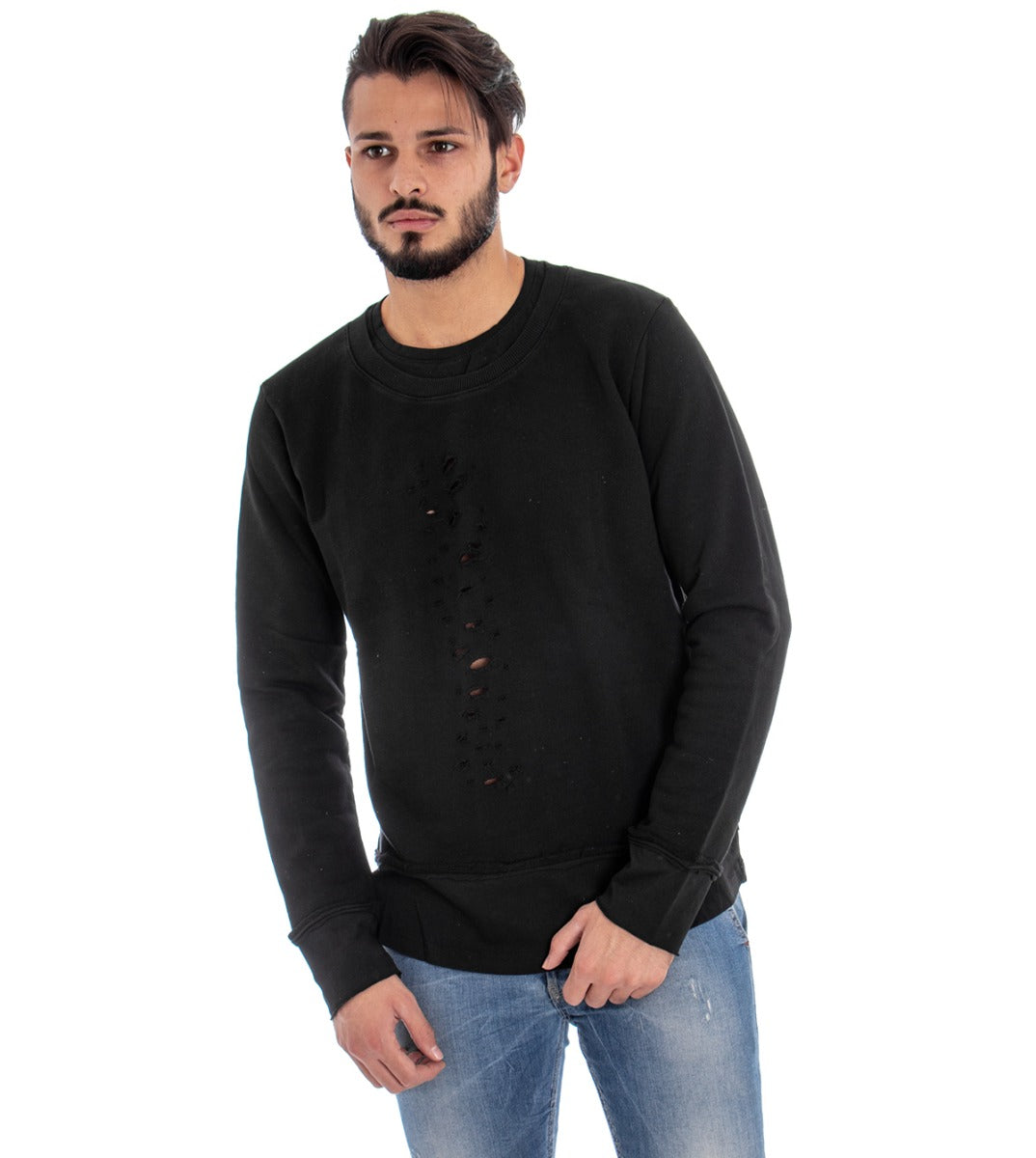 Men's Crewneck Sweatshirt with Breaks Solid Color Black Regular Fit GIOSAL-F2161A
