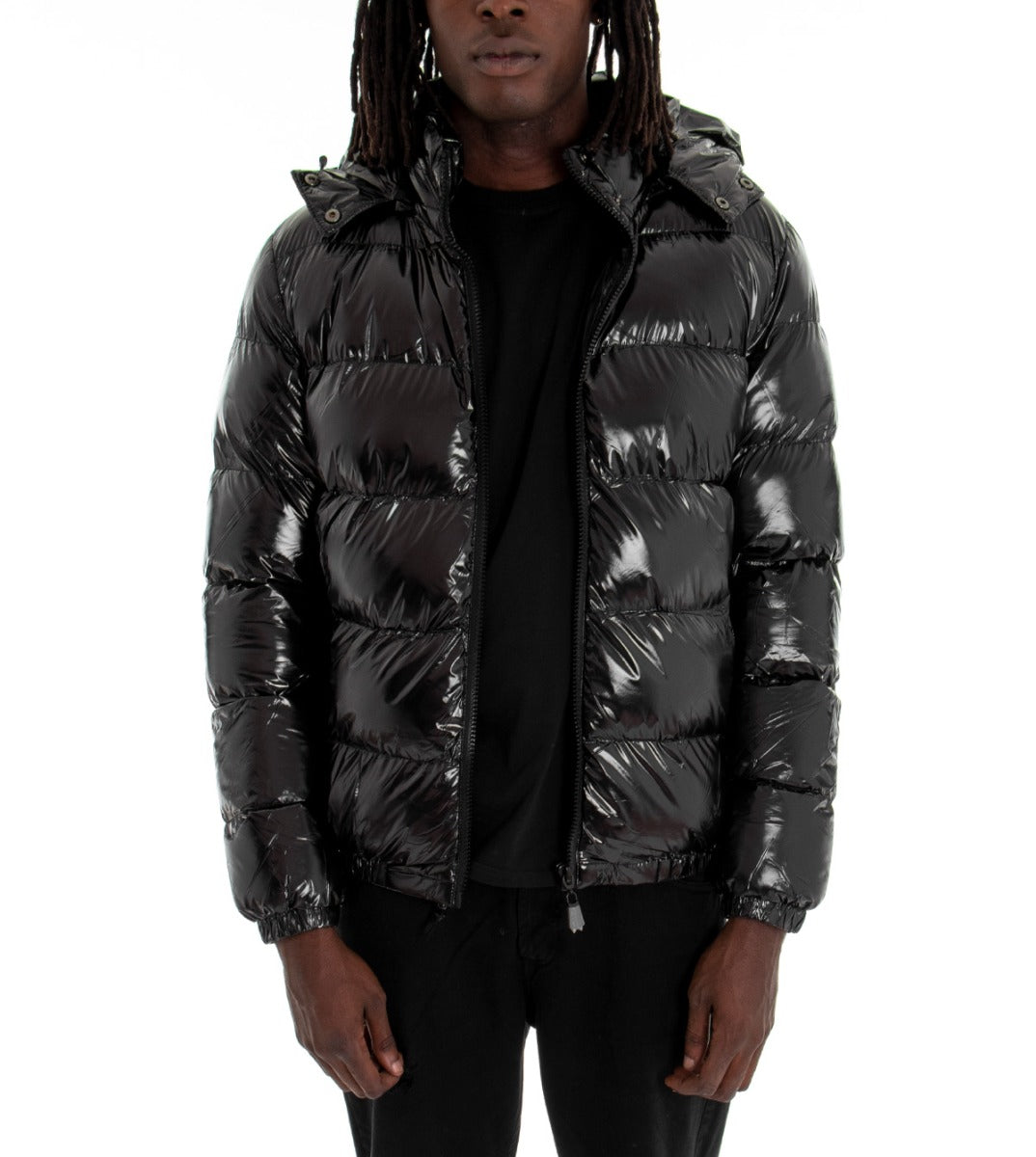 Giubbotto Uomo Vernice Lucido Bomber Con Cappuccio Puffer Piumino Trapuntato Tinta Unita Nero GIOSAL G2370A