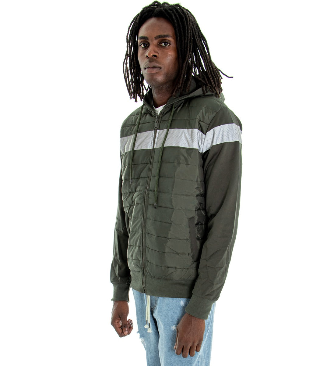 Men's Long Sleeves Bomber Jacket with Hood Solid Color Green Stripe GIOSAL