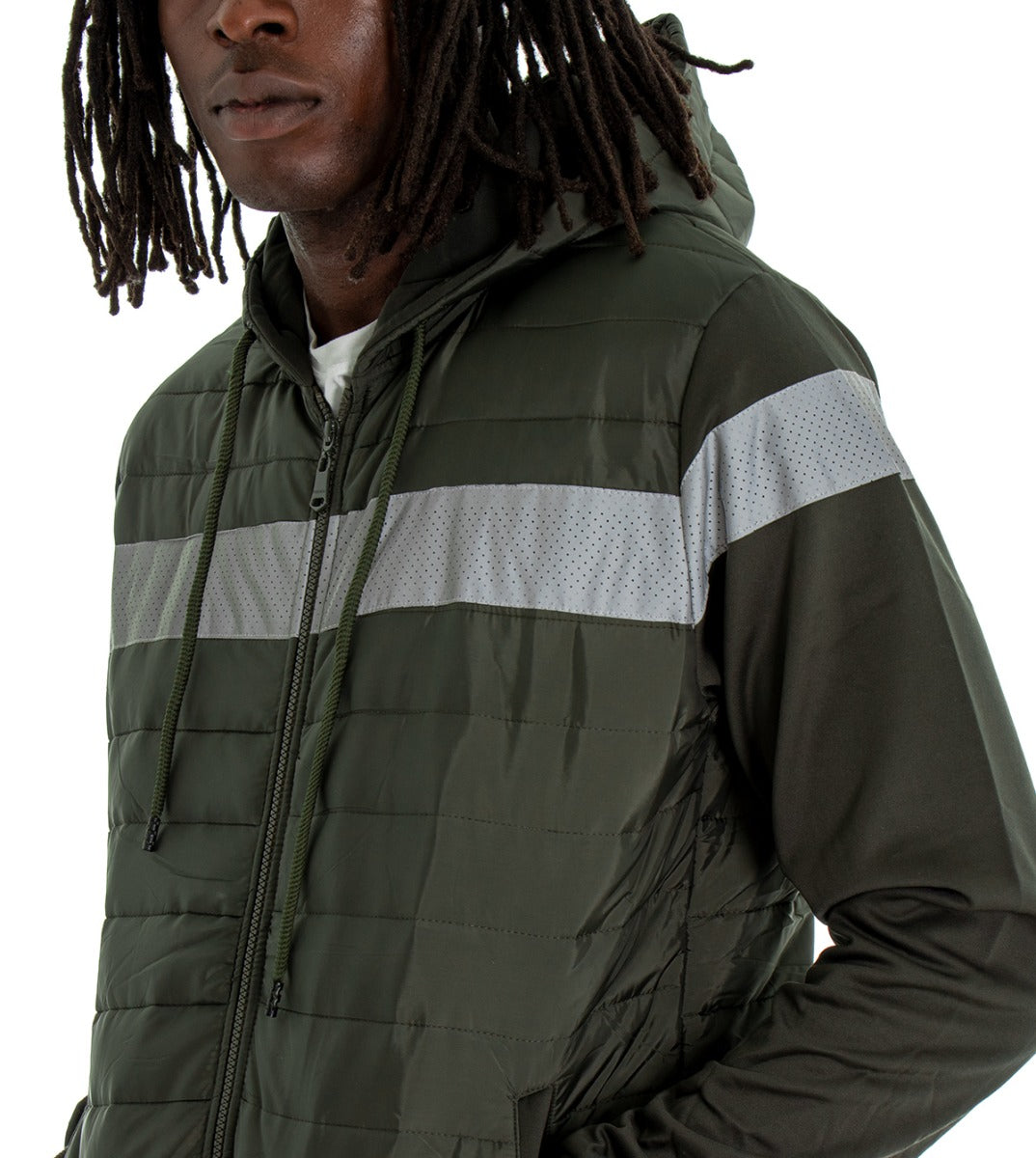 Men's Long Sleeves Bomber Jacket with Hood Solid Color Green Stripe GIOSAL
