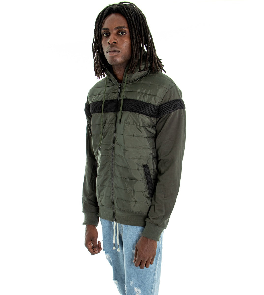 Men's Bomber Jacket Long Sleeves Green Hood Solid Color Stripe GIOSAL