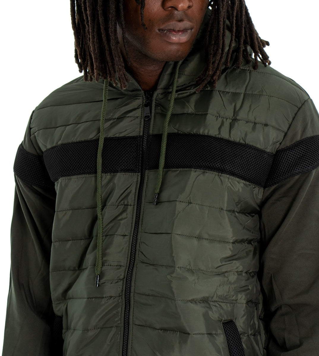 Men's Bomber Jacket Long Sleeves Green Hood Solid Color Stripe GIOSAL