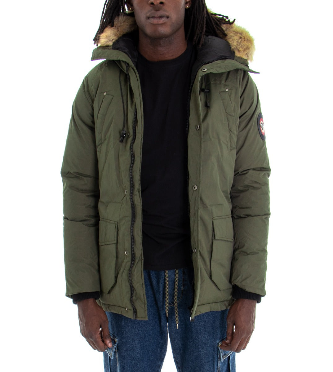 Parka Men's Fur Hood Quilted Jacket Solid Color Green GIOSAL