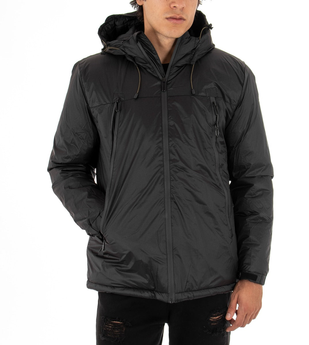 Men's Long Sleeves Solid Color Black Jacket Casual Hooded Zip Jacket GIOSAL