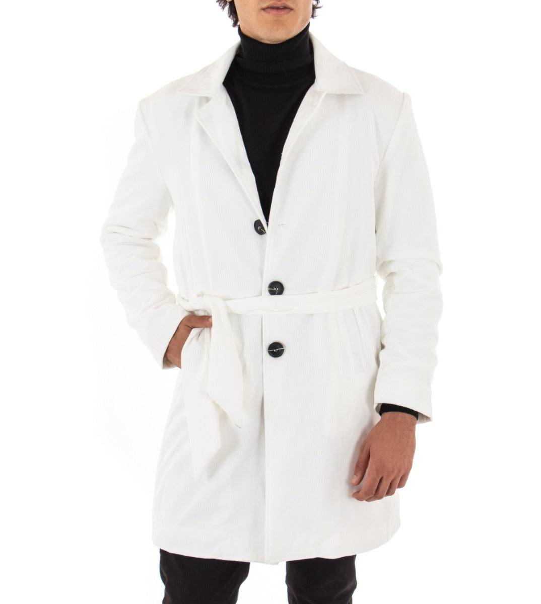 Cappotto Monopetto Uomo Giaccone Con Colletto Cintura Panna Baronetto Elegante GIOSAL-G2460A