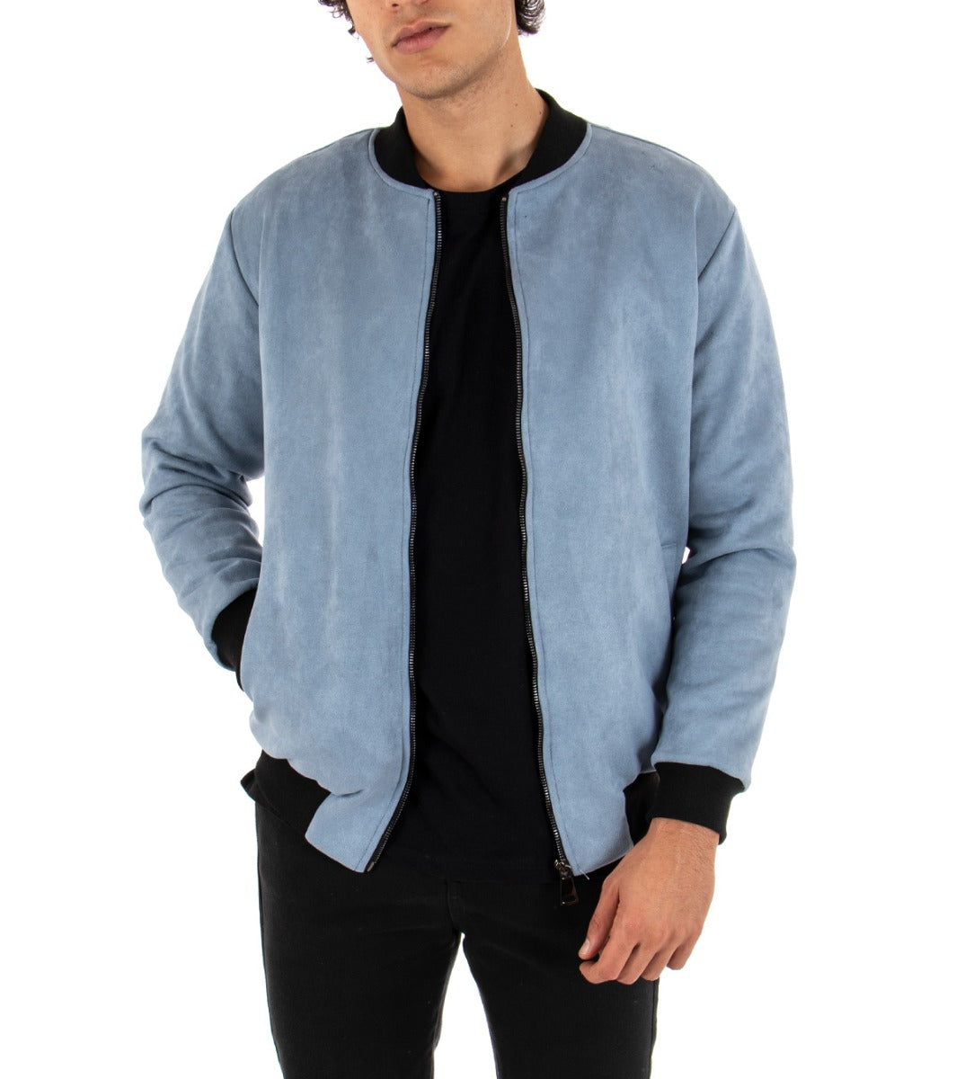 Giubbotto Uomo Bomber College Camoscio Tinta Unita Celeste GIOSAL-G2473A
