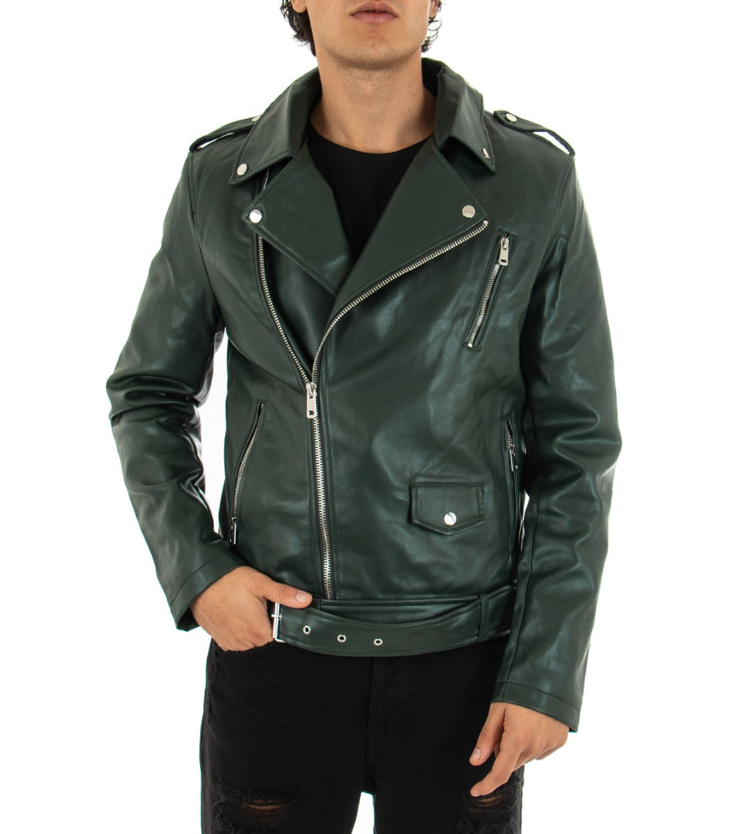 Men's Faux Leather Jacket Solid Color Green Casual Biker Long Sleeves GIOSAL