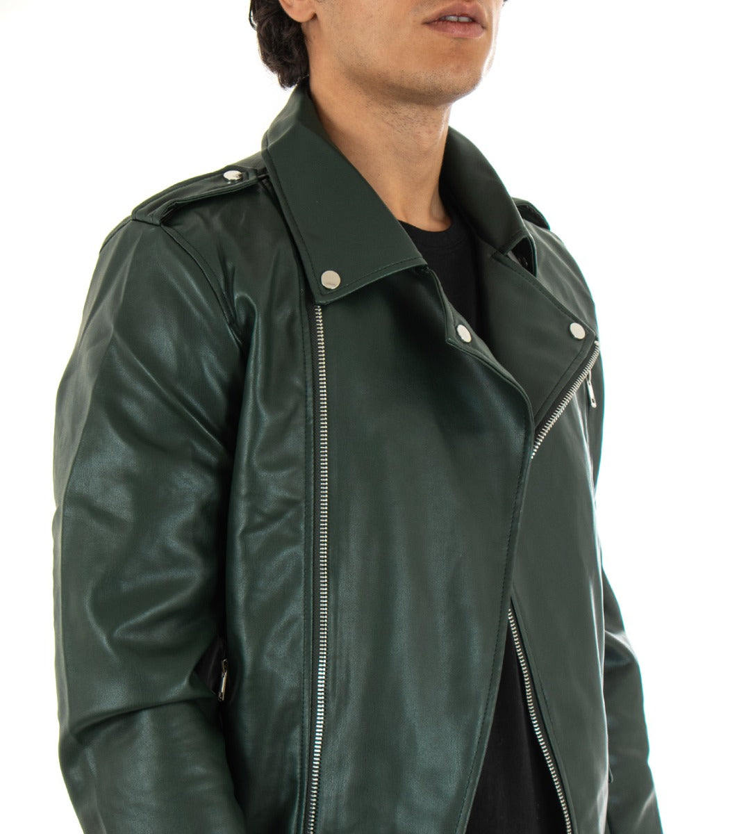 Men's Faux Leather Jacket Solid Color Green Casual Biker Long Sleeves GIOSAL