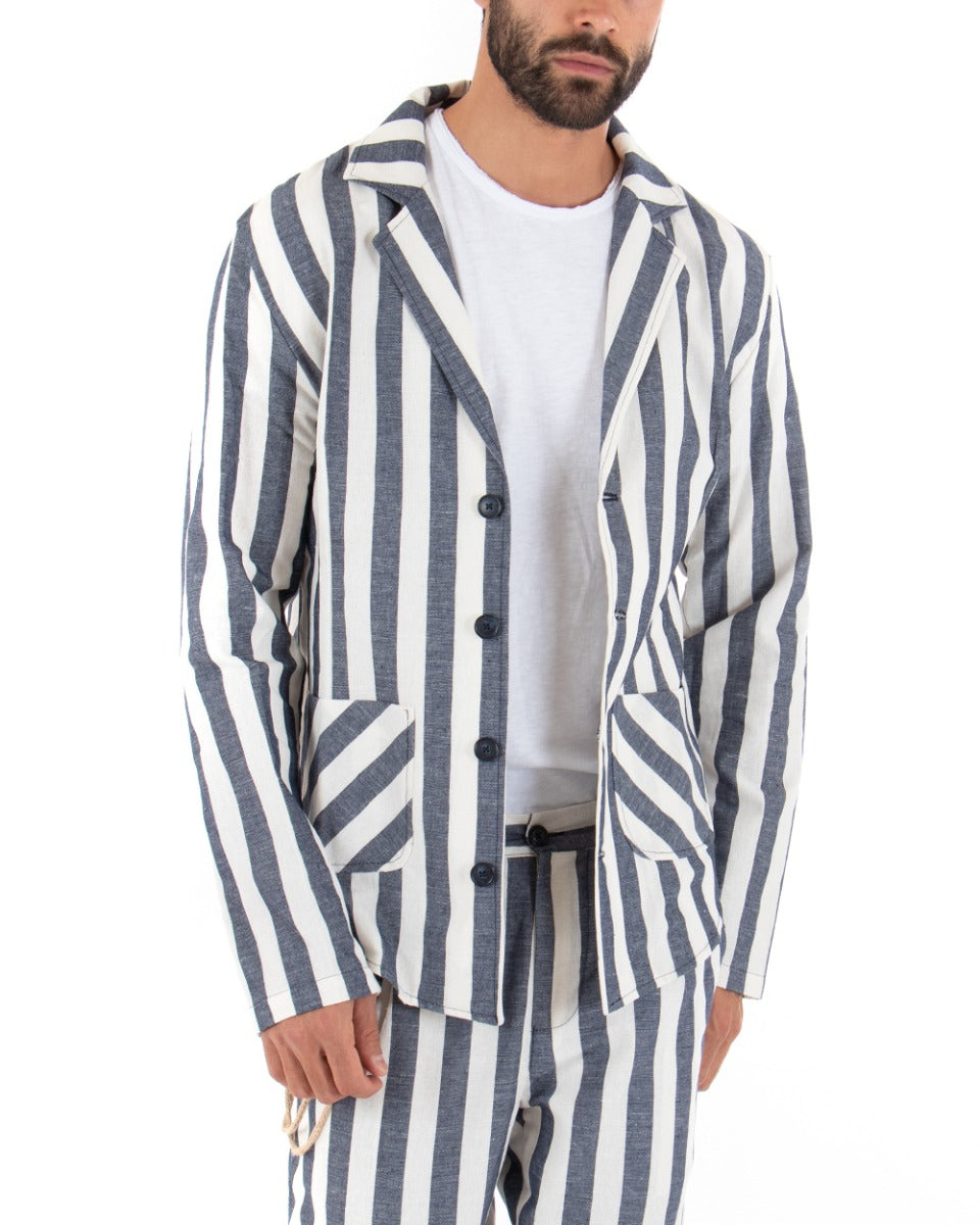 Men's Shirt Jacket With Collar Long Sleeve Tailored Linen Striped Blue GIOSAL-G2563A
