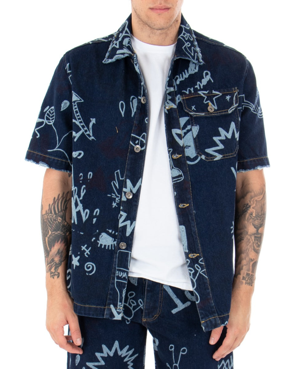 Men's Jacket Shirt With Short Sleeve Collar Denim Jeans With Print GIOSAL-G2581A