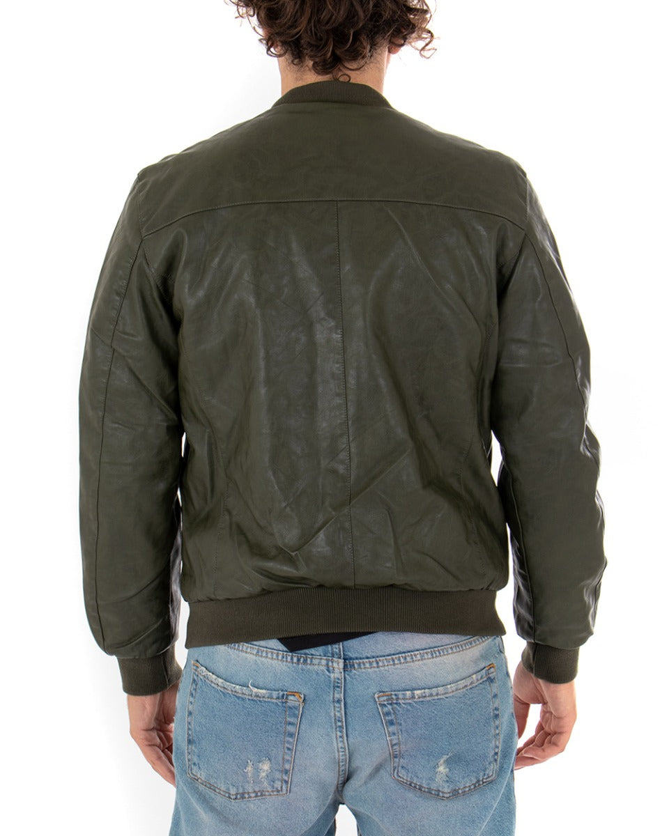 Men's Faux Leather Jacket Solid Color College Green Long Sleeves GIOSAL