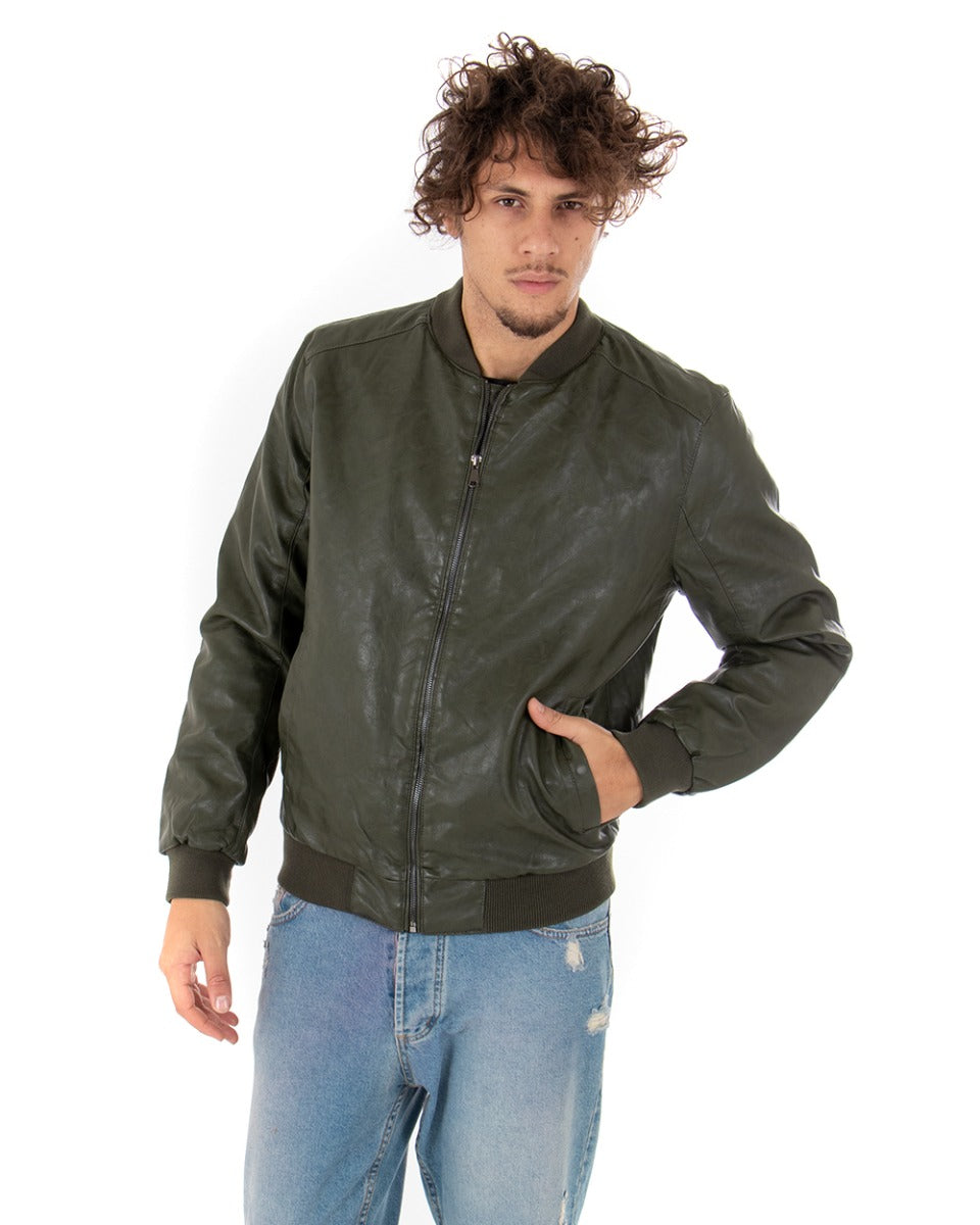 Men's Faux Leather Jacket Solid Color College Green Long Sleeves GIOSAL