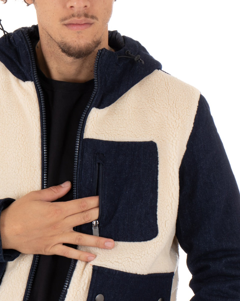 Men's Blue Denim Jacket Teddy Fur Hood Long Sleeve GIOSAL