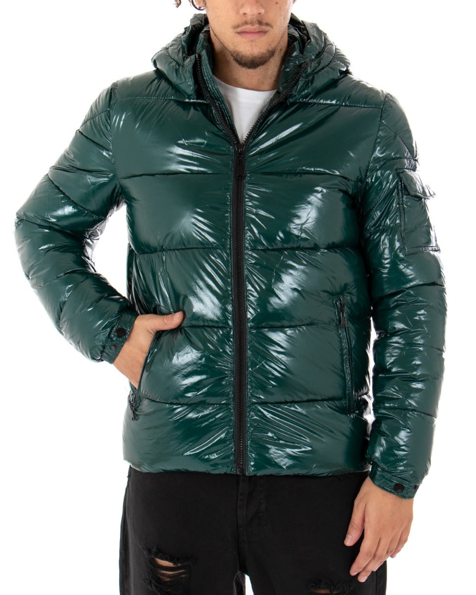 Men's Bomber Jacket Shiny Patent Hood Solid Color Green GIOSAL-G2621A