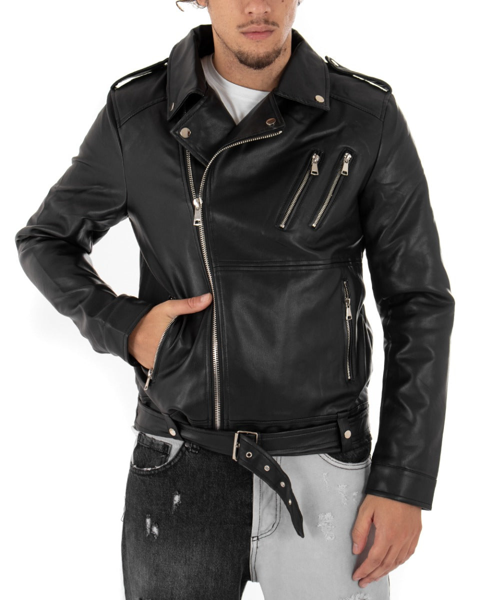Men's Biker Jacket Faux Leather Studded Black Solid Color GIOSAL-G2624A