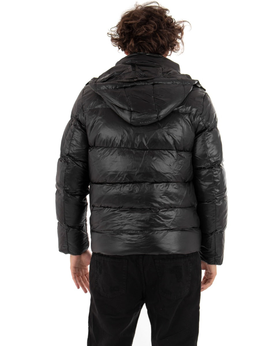 Men's Black Bomber Jacket with Hood Long Sleeves Metallic Effect GIOSAL