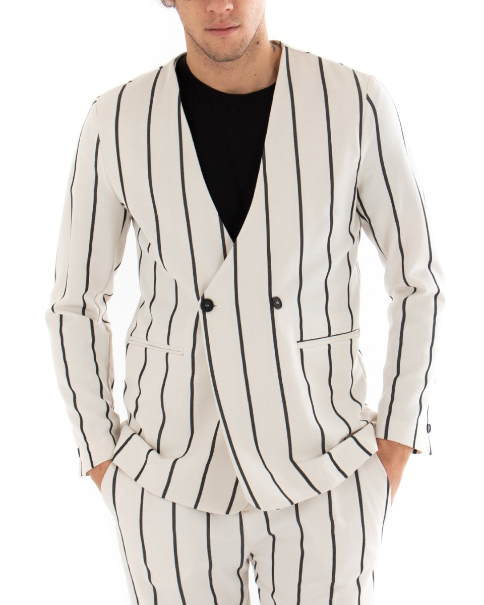 Giacca Doppiopetto Uomo Collo Coreano Rigata Panna GIOSAL-G2658A