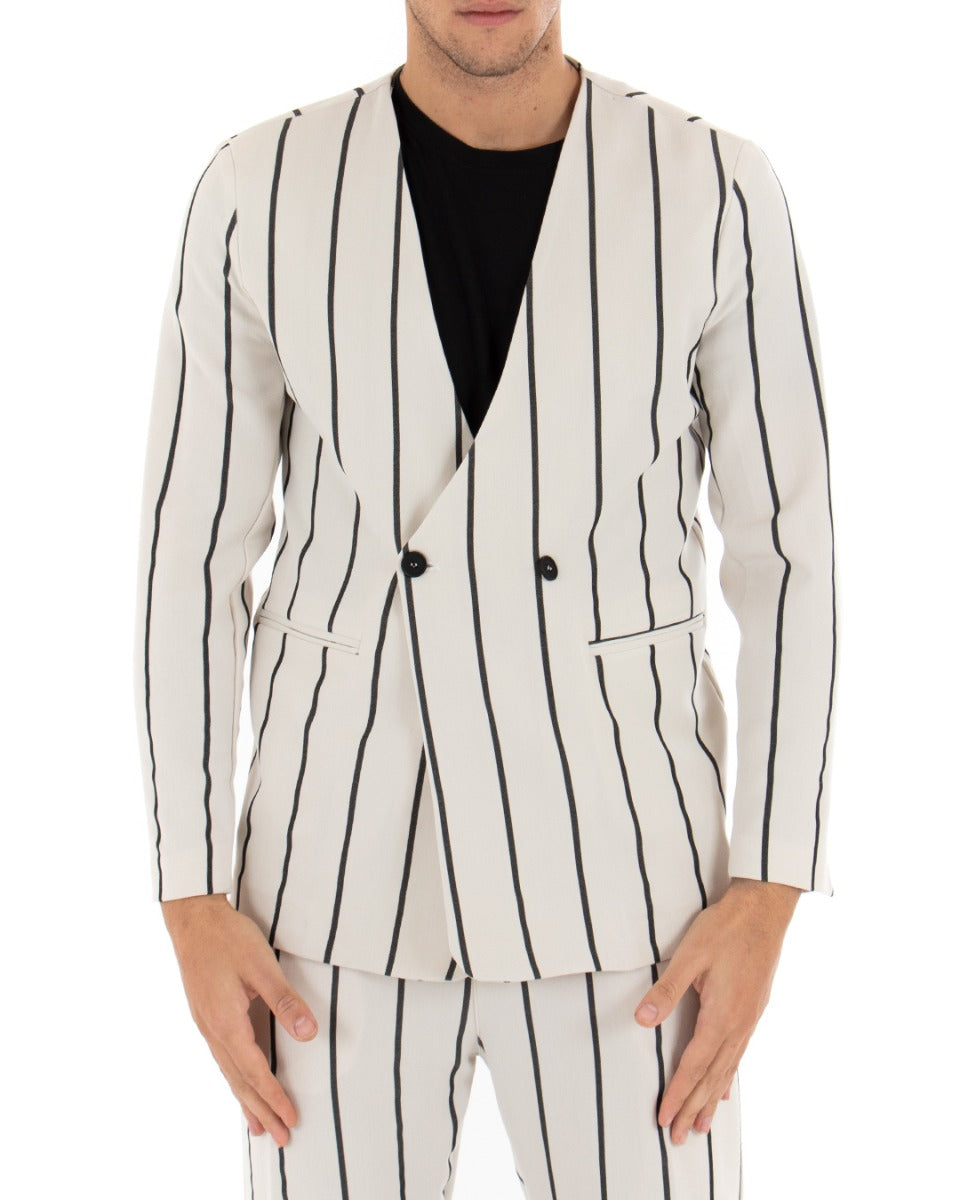 Giacca Doppiopetto Uomo Collo Coreano Rigata Panna GIOSAL-G2658A
