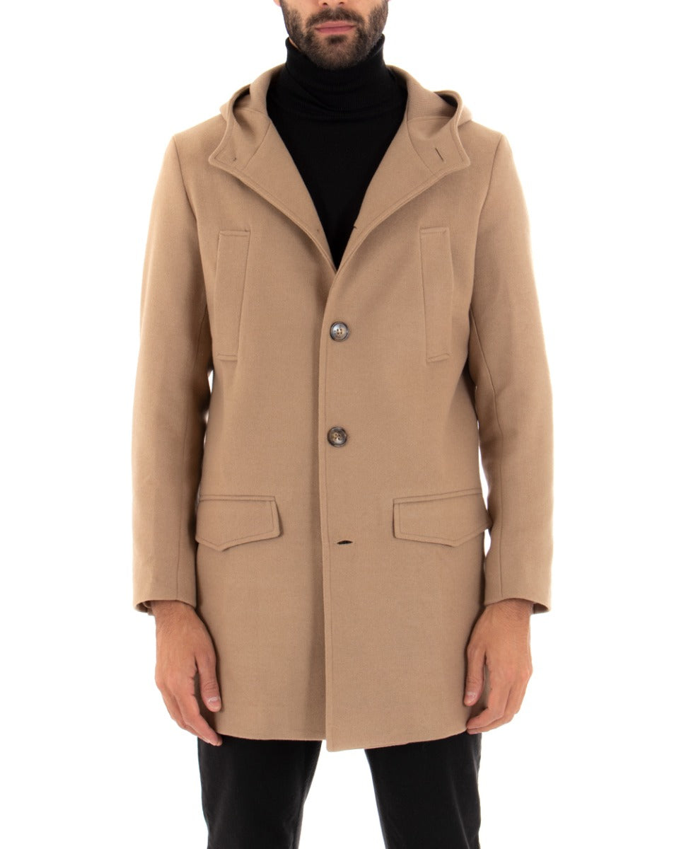 Cappotto Monopetto Uomo Giacca Giaccone Con Cappuccio Camel Baronetto Elegante GIOSAL-G2700A