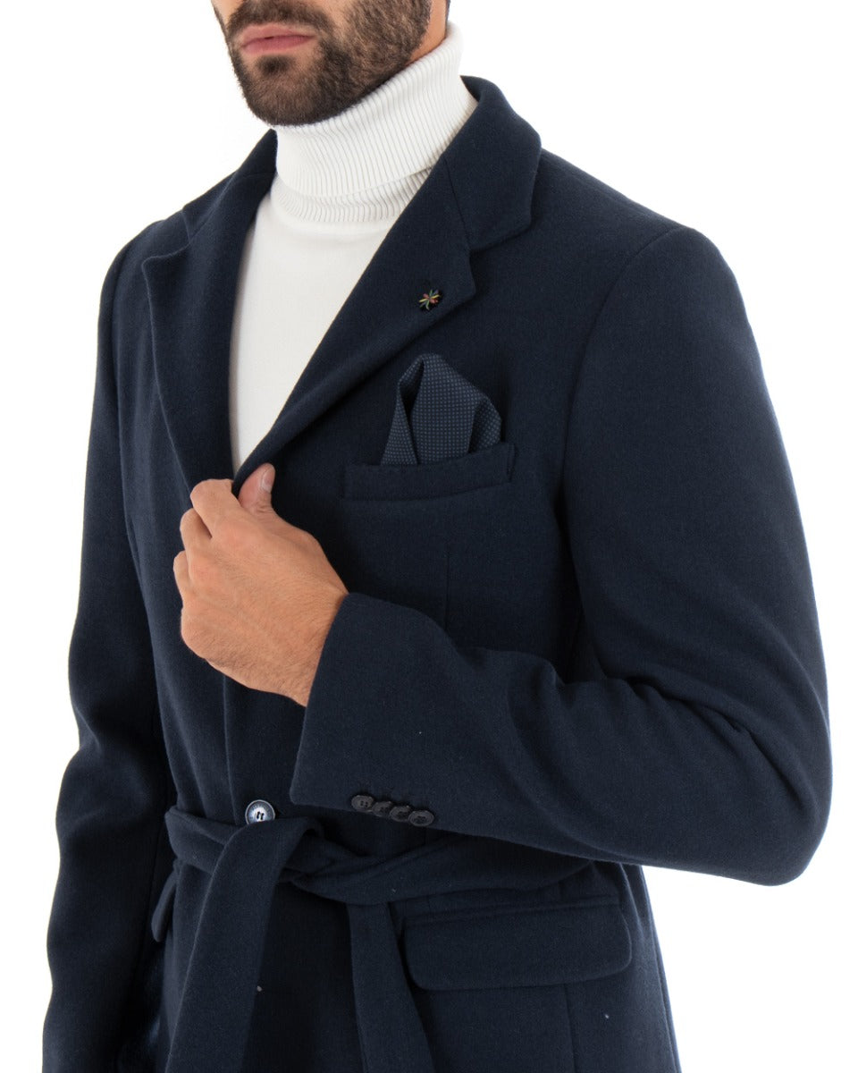 Cappotto Monopetto Uomo Giacca Giaccone Con Cintura Blu Baronetto Elegante GIOSAL-G2714A