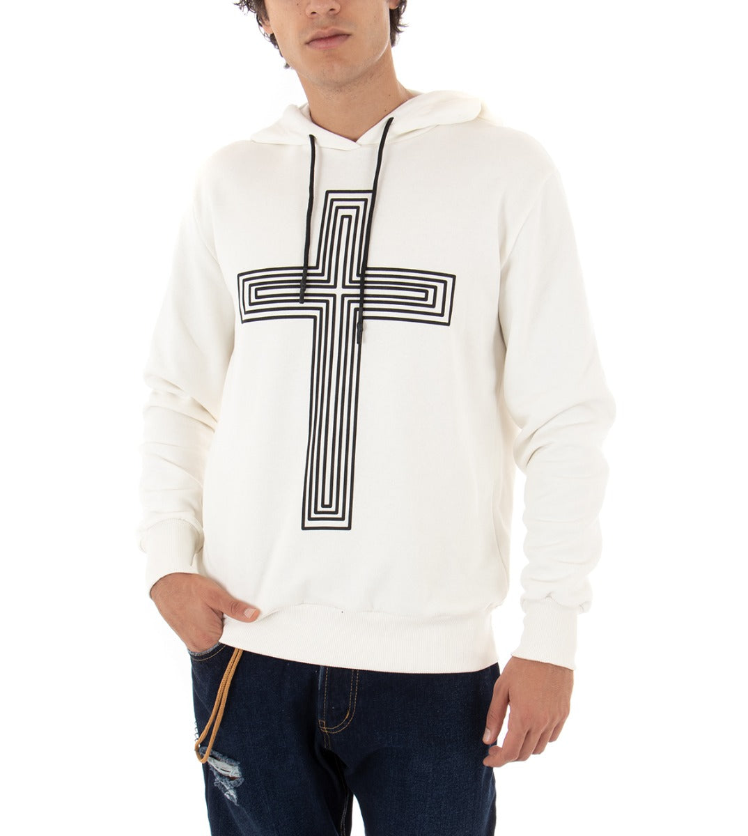 Men's Sweatshirt With White Hood Shirt With Cross Print Regular Fit GIOSAL-F2719A