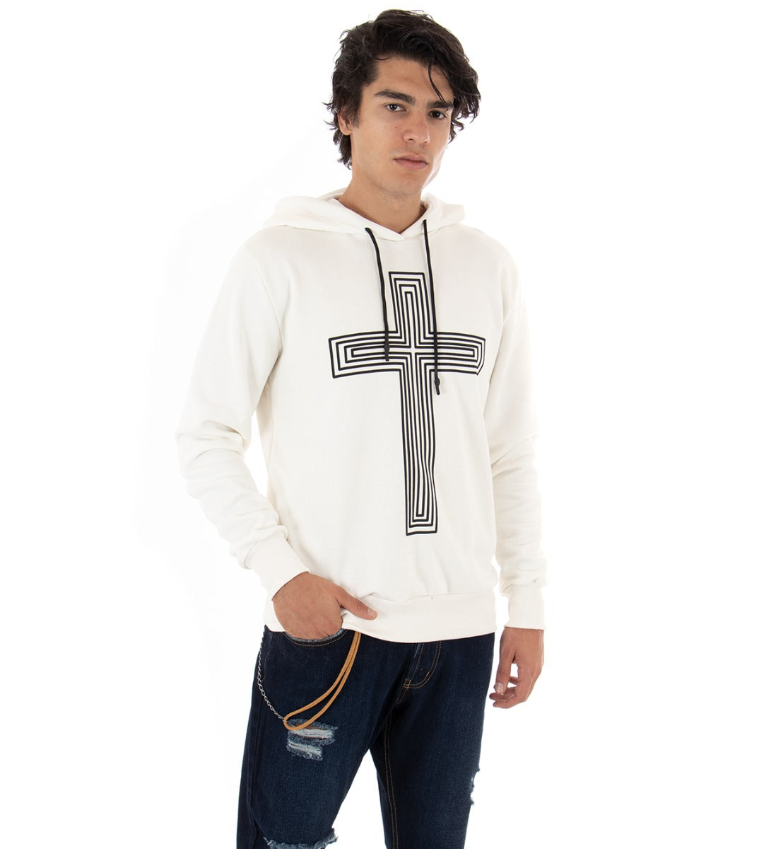Men's Sweatshirt With White Hood Shirt With Cross Print Regular Fit GIOSAL-F2719A