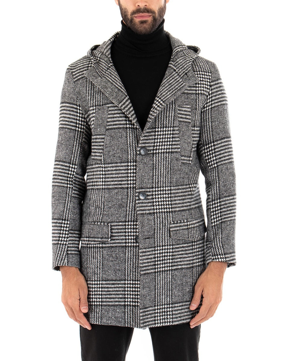 Cappotto Monopetto Uomo Giacca Giaccone Con Cappuccio Grigio Scozzese Baronetto Elegante GIOSAL-G2721A
