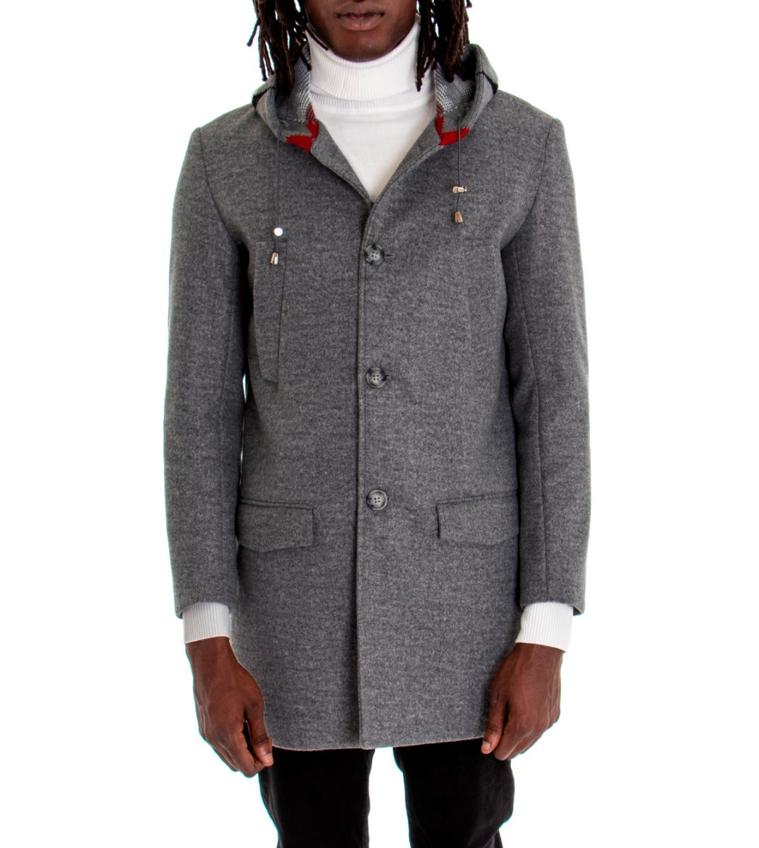 Single-breasted Coat Men's Jacket Jacket With Hood In Dark Gray Wool Elegant Baronet GIOSAL-G2770A