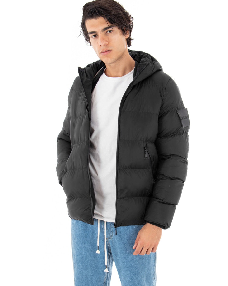 Men's Long Sleeves Solid Color Black Casual Bomber Jacket with Hood GIOSAL
