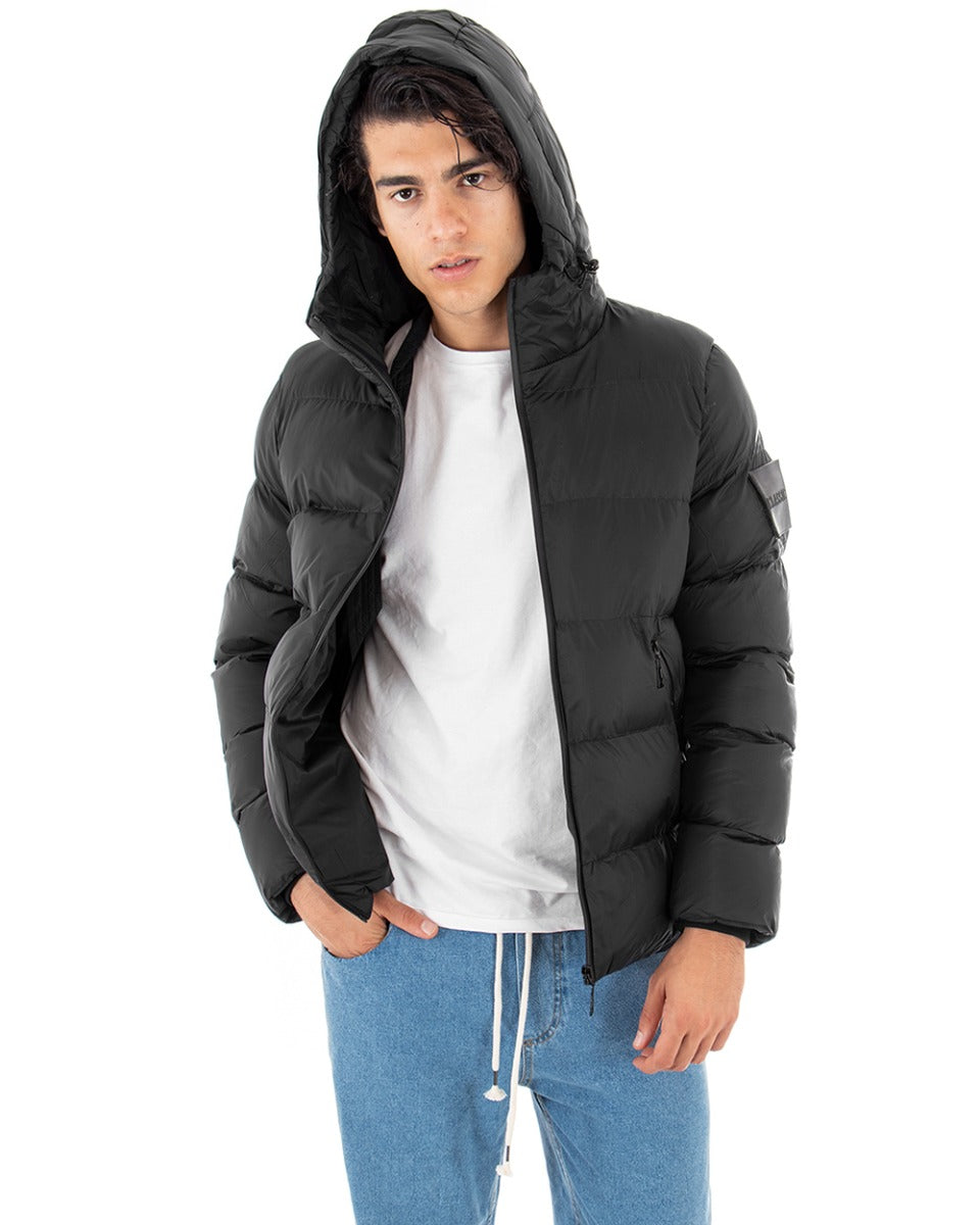 Men's Long Sleeves Solid Color Black Casual Bomber Jacket with Hood GIOSAL